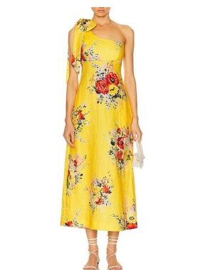 Zimmermann Bright Yellow One-Shoulder Floral Midi Dress